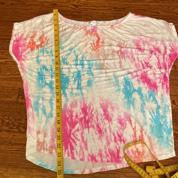 Venus Small Tie Dye Pink, Blue, & White Oversized Wide Neck Short Sleeve Shirt - Picture 5 of 6